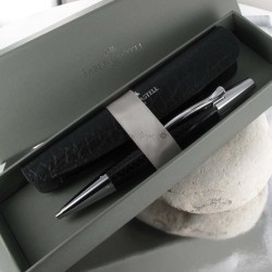 Coffret cadeau Stylo Bille Faber Castell® "e-motion" Noir Parquet + Etui Cuir