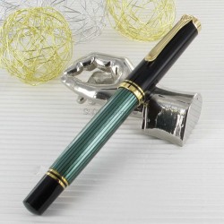 "SOUVERAN 400" STYLO PLUME NOIR/VERT mécanisme à piston et plume OR 14 carats / attributs plaqués argent