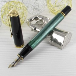 "SOUVERAN 400" STYLO PLUME NOIR/VERT mécanisme à piston et plume OR 14 carats / attributs plaqués argent