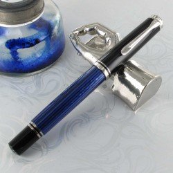 4"SOUVERAN 405" STYLO PLUME NOIR/BLEU mécanisme à piston et plume OR 14 carats / attributs plaqués argent