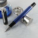 4"SOUVERAN 405" STYLO PLUME NOIR/BLEU mécanisme à piston et plume OR 14 carats / attributs plaqués argent