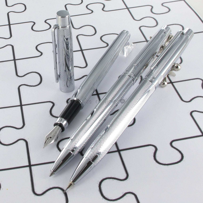Parure 3 Stylos Plume, Bille & Portemine Scrikss® Vénus Chrome Pointe Diamant