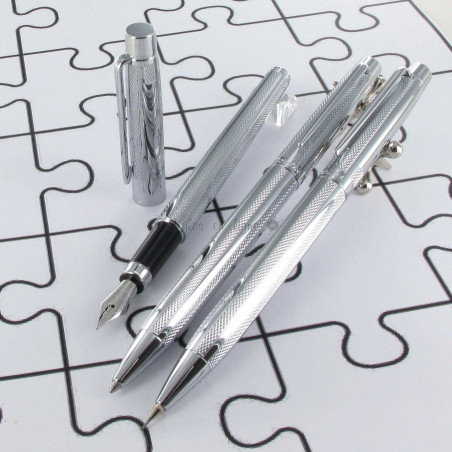 Parure 3 Stylos Plume, Bille & Portemine Scrikss® Vénus Chrome Pointe Diamant