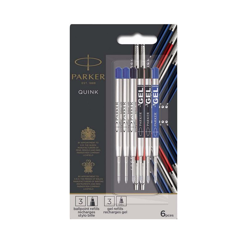 Lot de 6 Recharges Bille et Gel 3 Noires et 3 Bleues M Parker® Lot de 6 Recharges Bille et Gel 3 Noires et 3 Bleues M Parker®