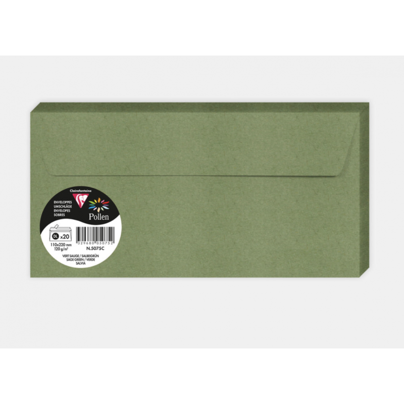 20 Enveloppes Pollen 110x220mm Adhésives Vert sauge 20 Enveloppes Pollen 110x220mm Adhésives Vert sauge