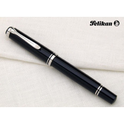STYLO PLUME NOIR mécanisme à piston et plume OR 14 K / attributs plaqués argent "SOUVERAN 405" 